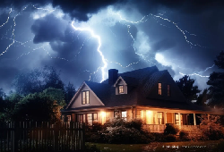 Blitzschutzbau Beidinger, Blitz hinter beleuchtetem Haus, dramatischer Wolkenaufbau, Abend