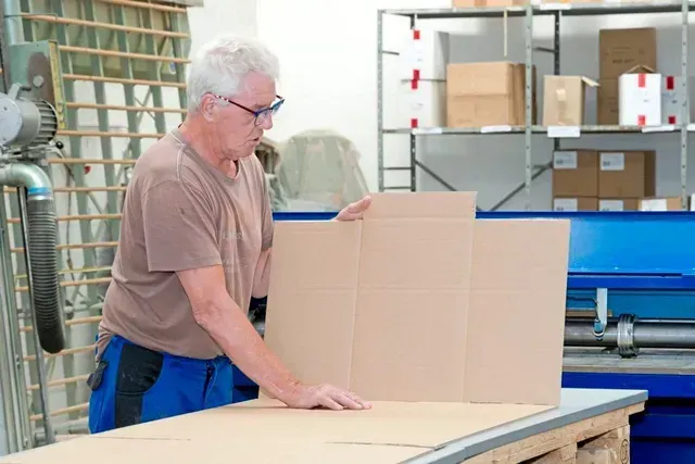 Ein Mann falzt eines Kartons in der Wortmann Verpackungen GmbH & Co. KG.