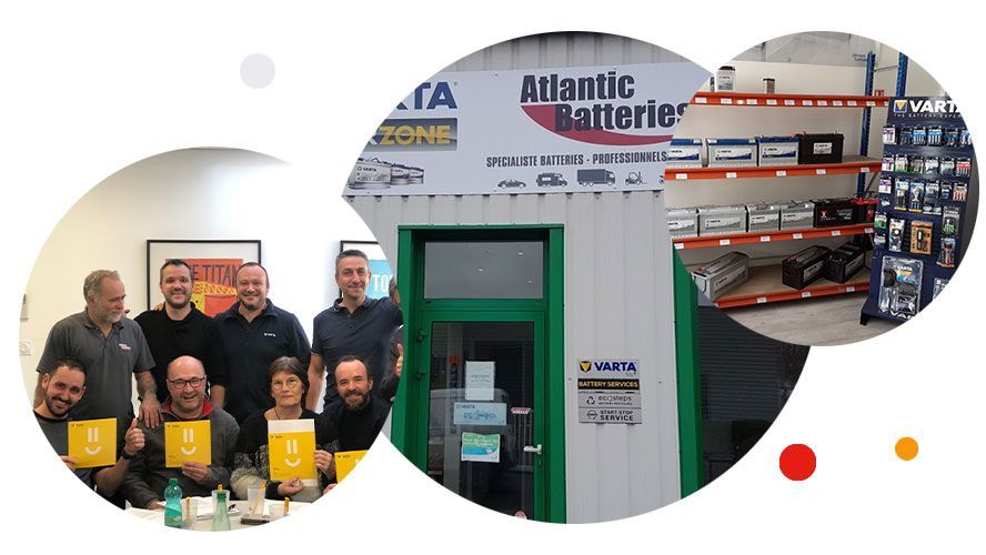 Équipe d'Altantic Batteries souriante ; façade et intérieur du magasin de Rennes