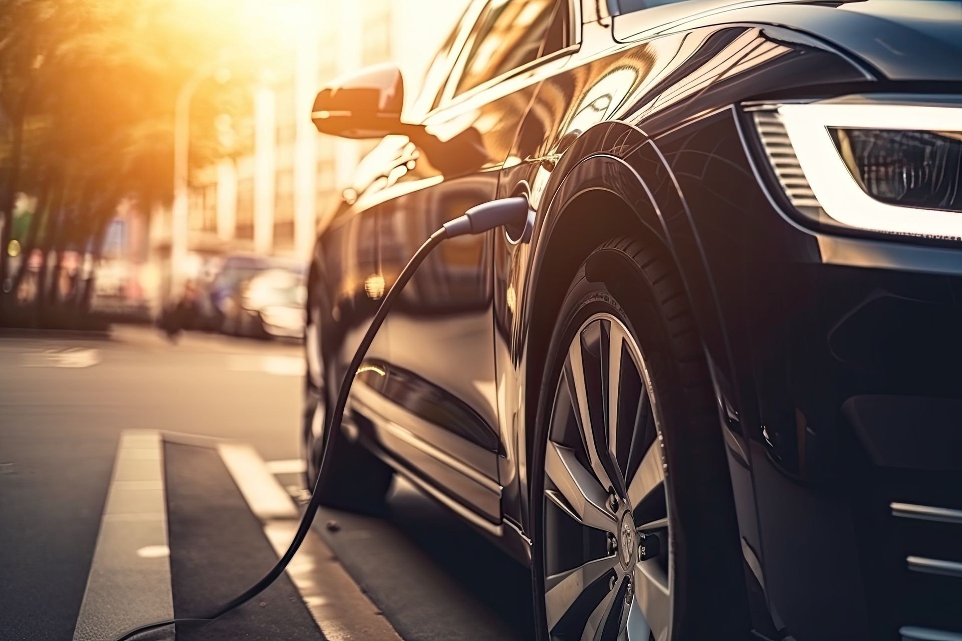 Une voiture électrique en train de recharger sur une place de parking devant un coucher de soleil