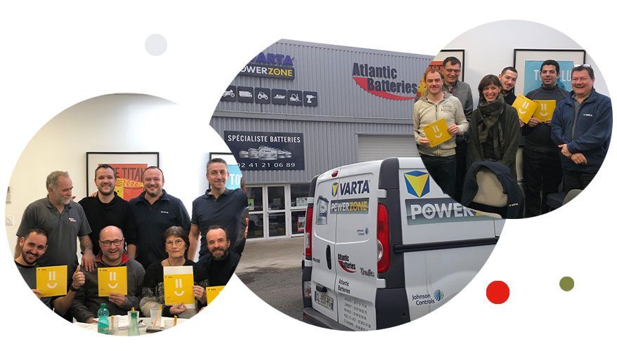 Équipe d'Altantic Batteries souriante sur deux photos et magasin de Rennes avec utilitaire garé devant