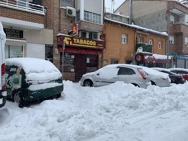 Una fila de coches está cubierta de nieve frente a una tienda.