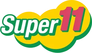 Un logotipo Super 11 amarillo y verde sobre un fondo blanco
