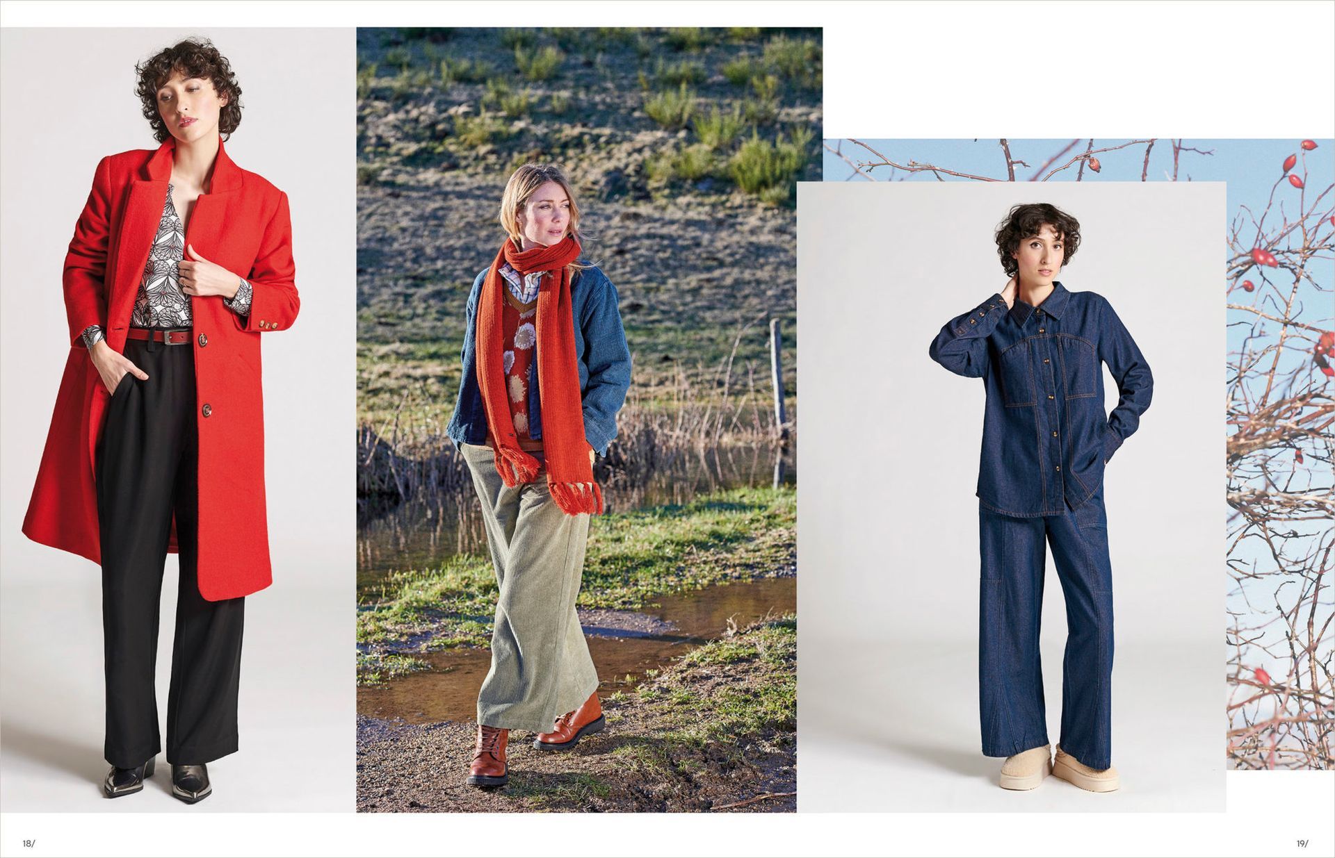 Manteau long rouge, écharpe rouge et ensemble en jean