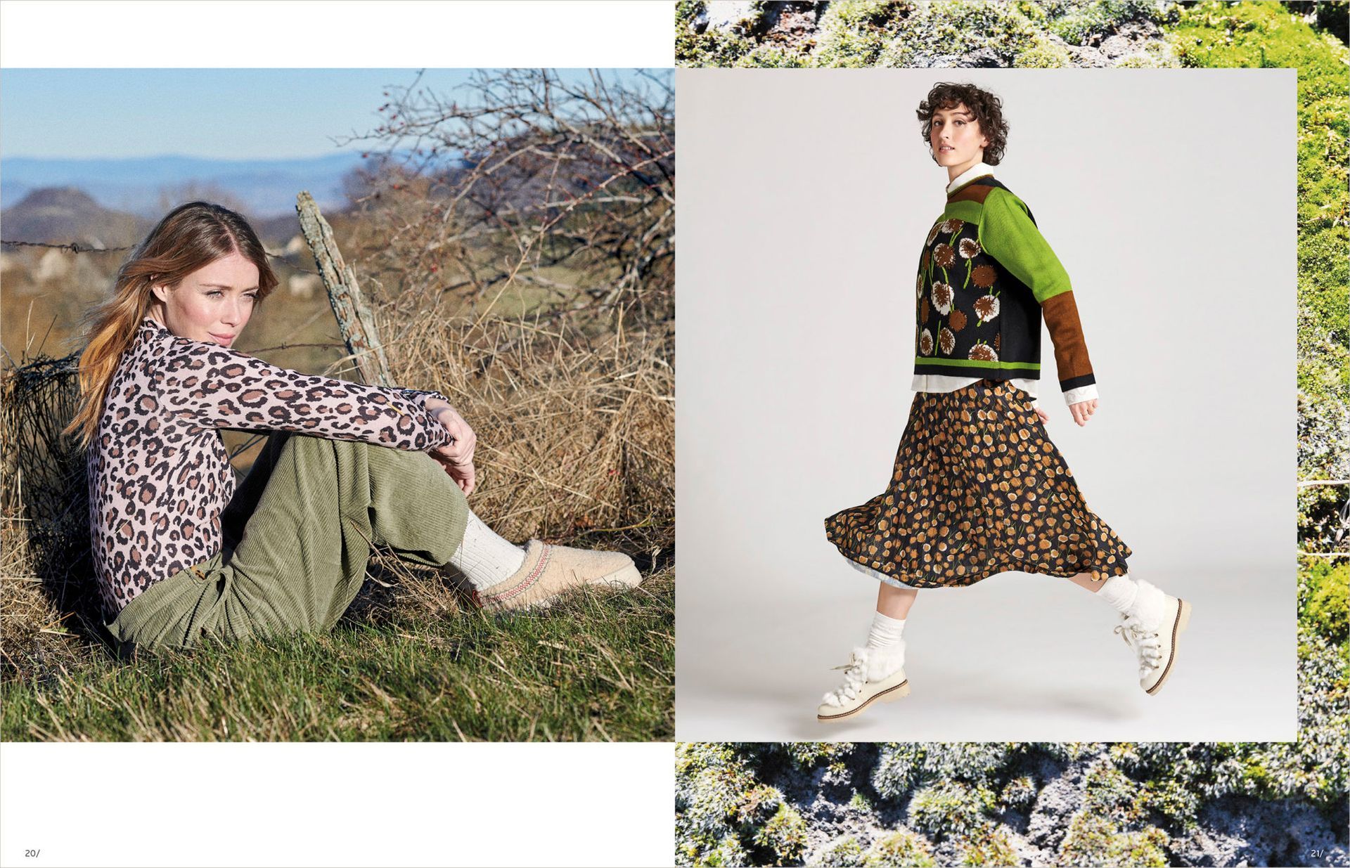 Top léopard et pantalon vert côtelé, Top vert et marron à fleur et jupe fluide fleurie