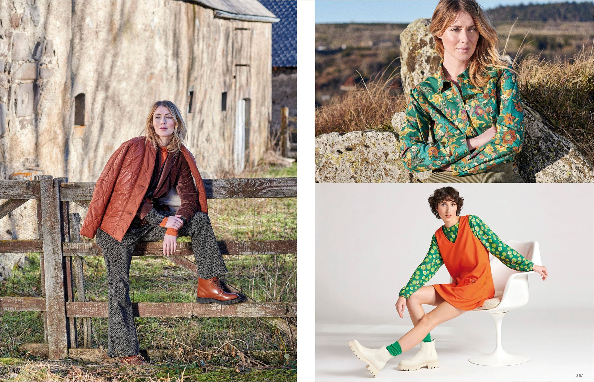 Veste marron, chemisier vert à fleur et robe orange