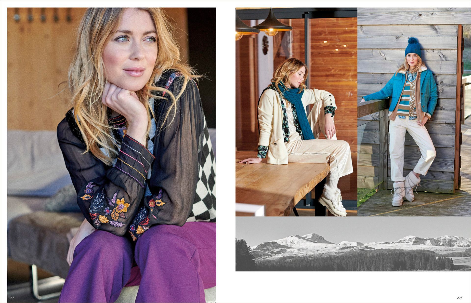 Chemisier noir à motifs et pantalon violet, ensemble crèùe, veste bleue et pantalon crème