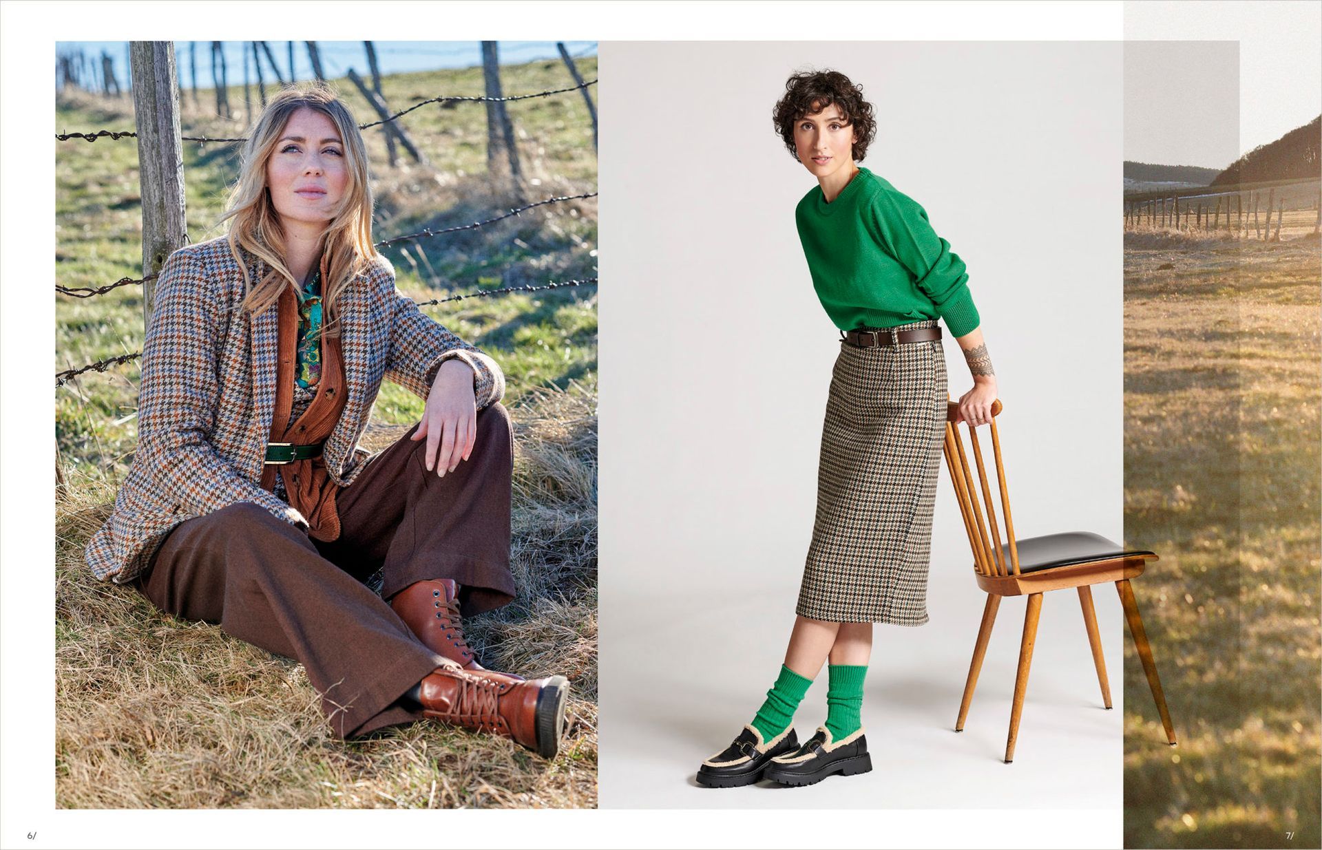 Tenues en tweed vert et marron