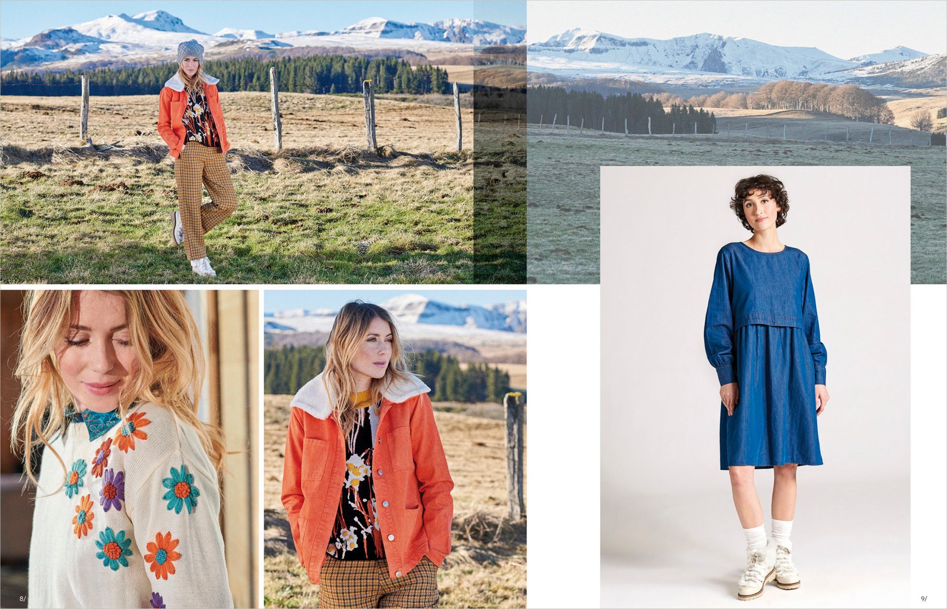 Veste orange, robe bleue et pull à fleurs