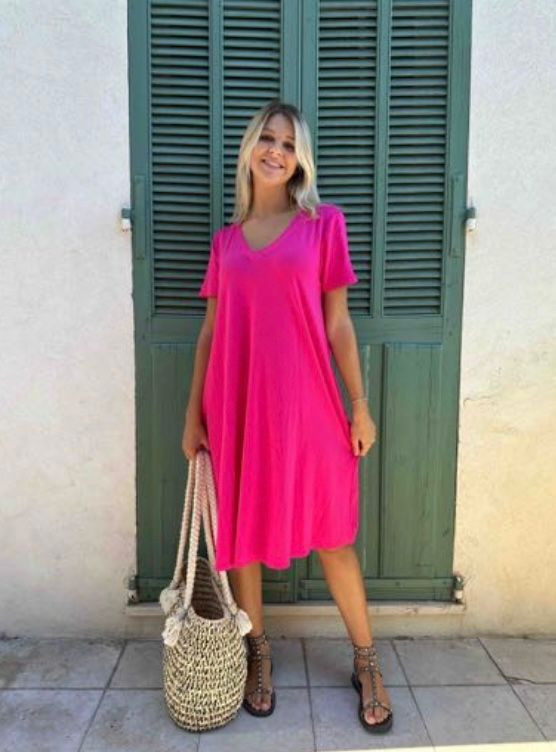 Robe longue col V rose fushia