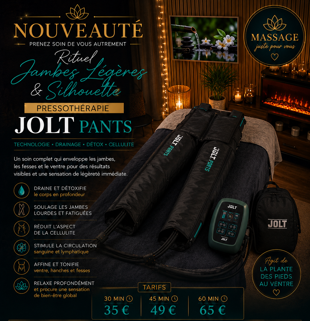 Publicité pour un produit de spa : le pantalon de massage Joli Panis. L'image se déroule dans une pièce sombre aux accents dorés, avec le prix et le texte de l'offre.