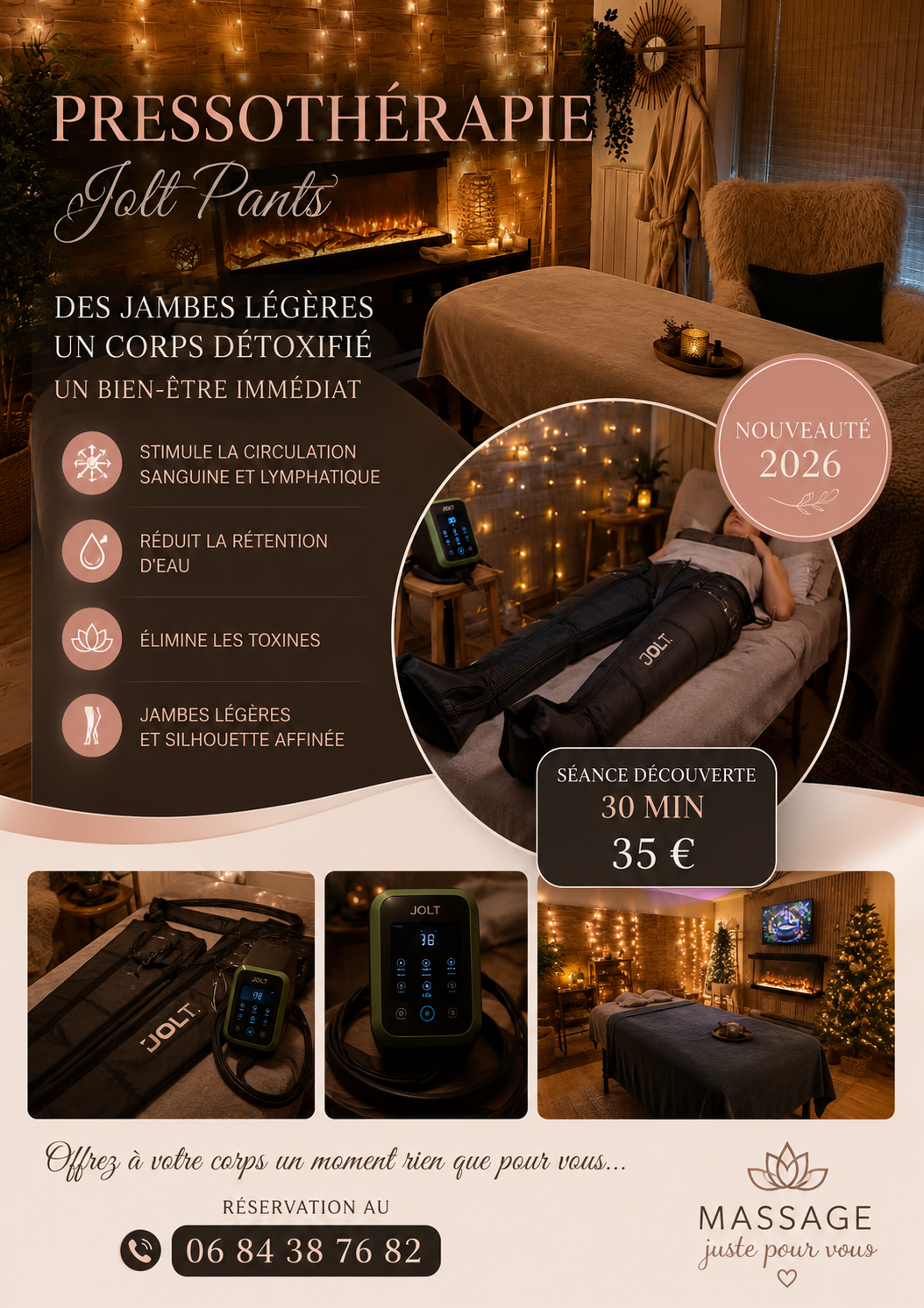 Dépliant publicitaire pour les pantalons JOLI, avec pantalon de massage noir, texte doré et prix des soins spa sur fond sombre.
