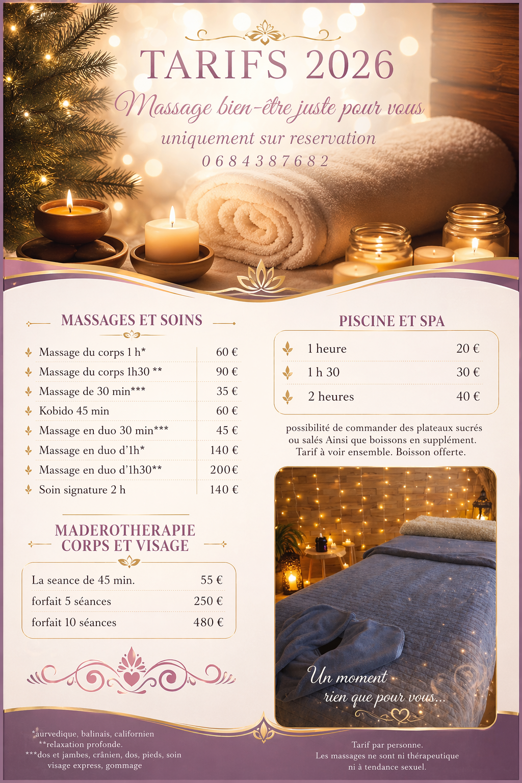 Fiche des tarifs du spa 