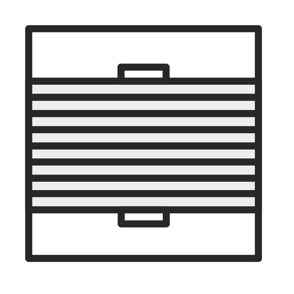 Eine schwarz-weiße Zeichnung einer Jalousie mit einem Griff auf weißem Hintergrund.