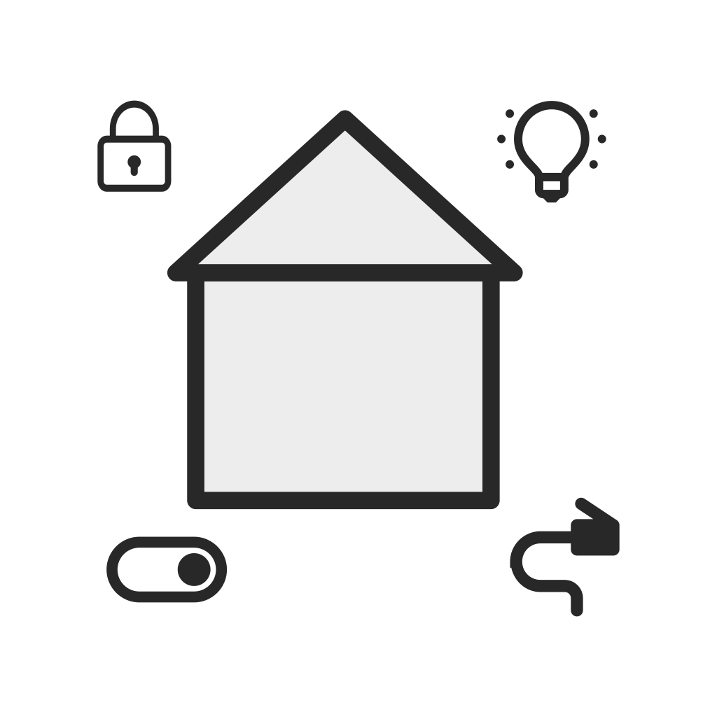 Ein Haus mit einer Glühbirne, einem Vorhängeschloss und einem Schalter.