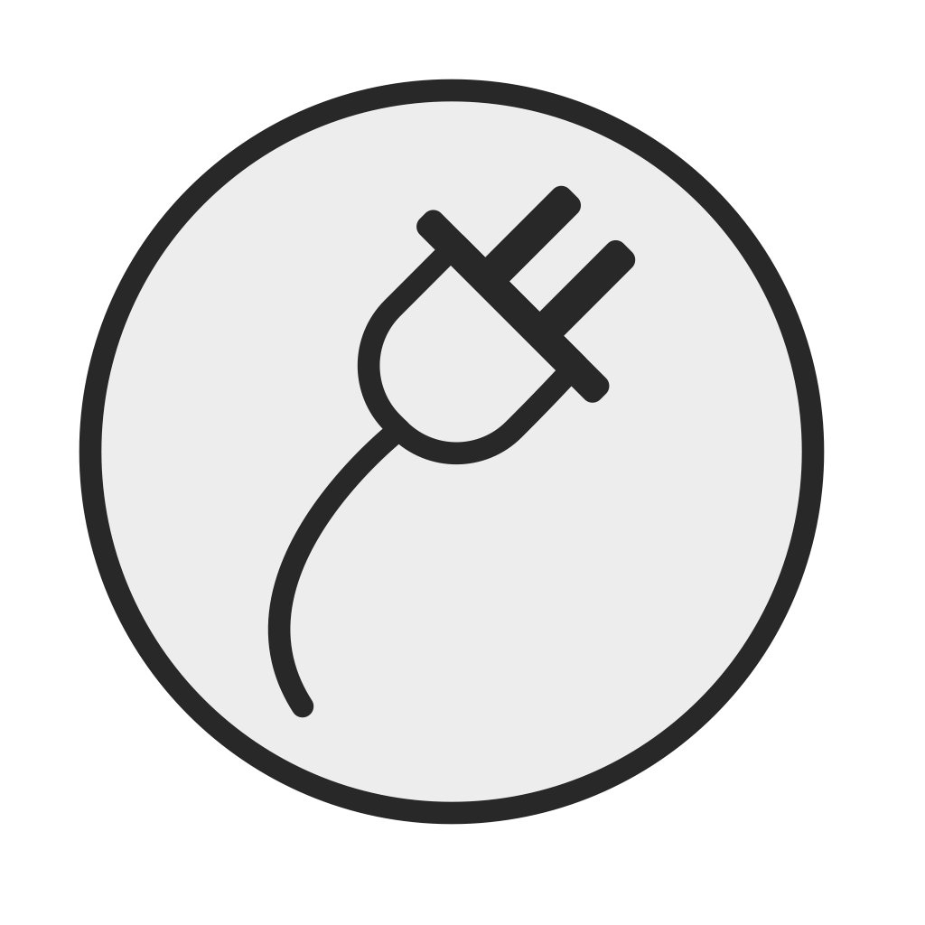 Ein schwarzweißes Symbol eines Steckers in einem Kreis.