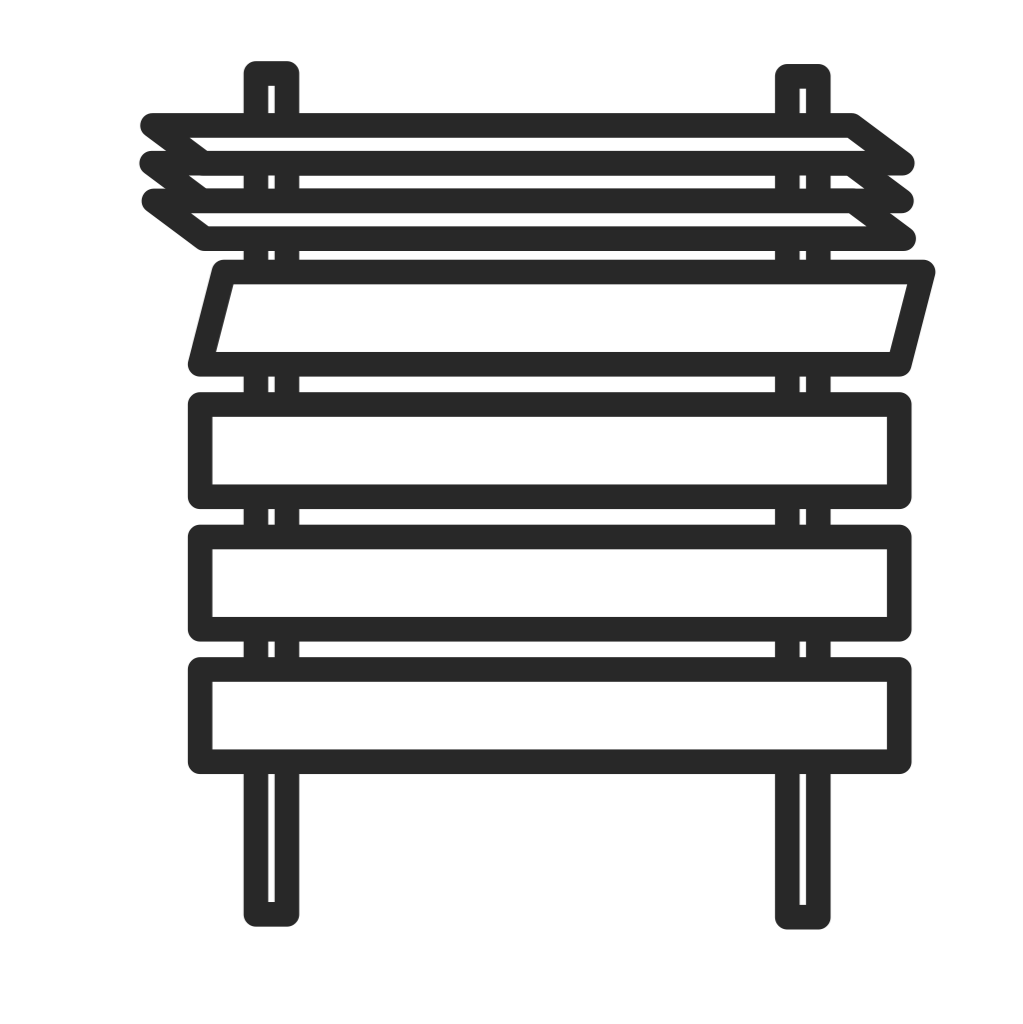 Eine Schwarzweisszeichnung eines Holzschildes auf weissem Hintergrund.