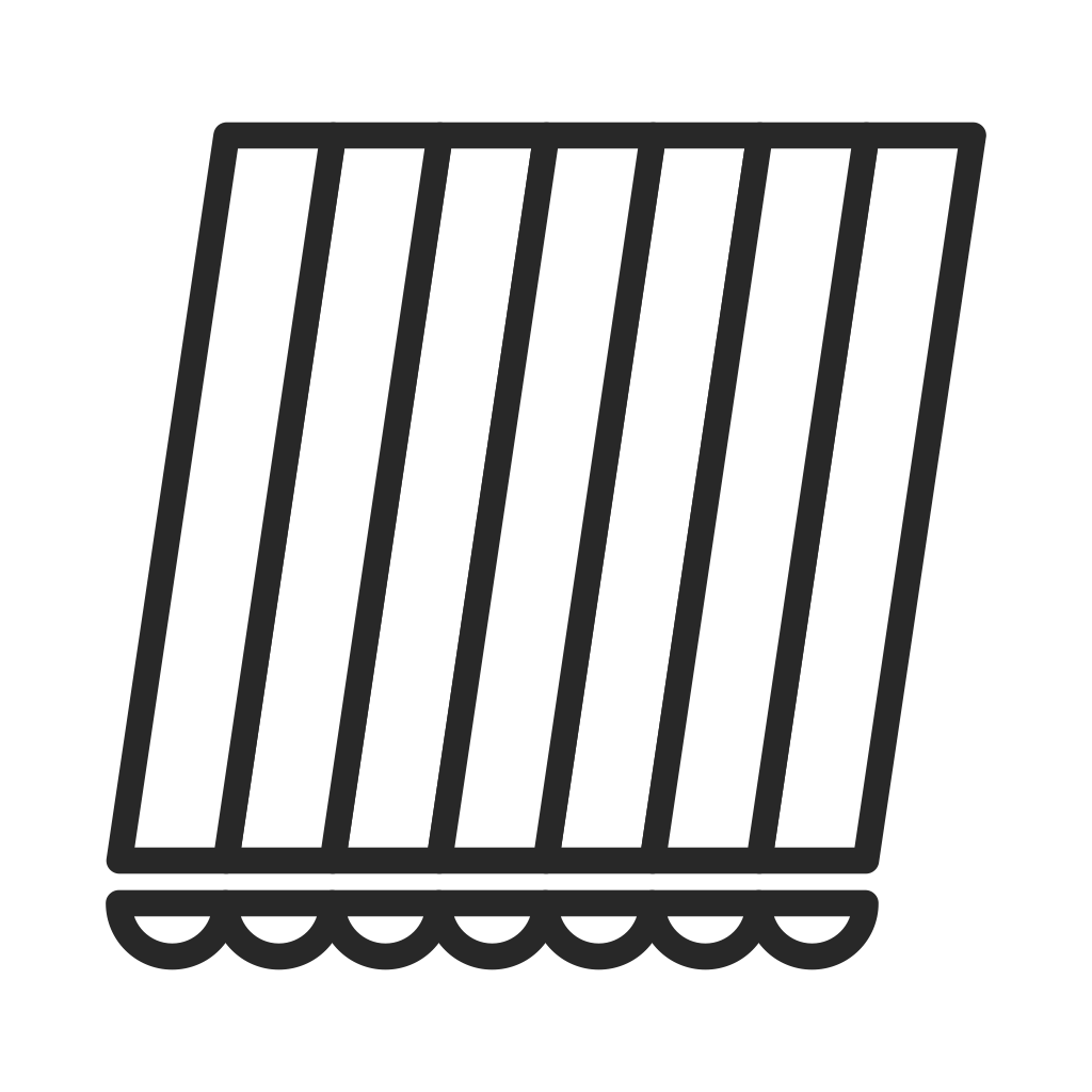 Ein schwarzweisses Symbol einer gestreiften Matratze auf weissem Hintergrund.