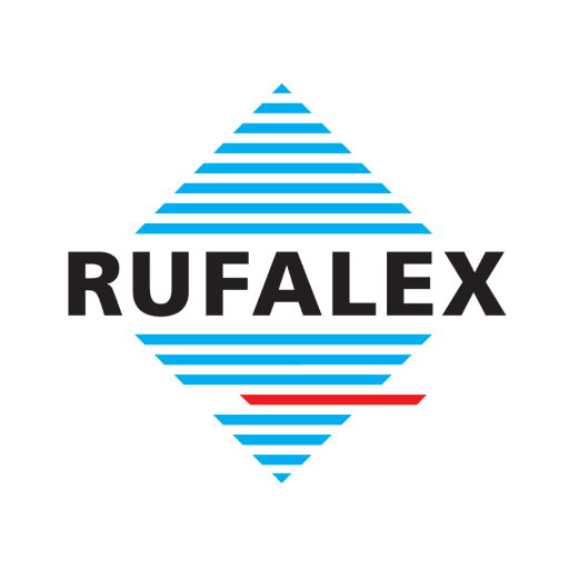 Das Logo von Rufalex ist blau und schwarz mit einer roten Linie in der Mitte.