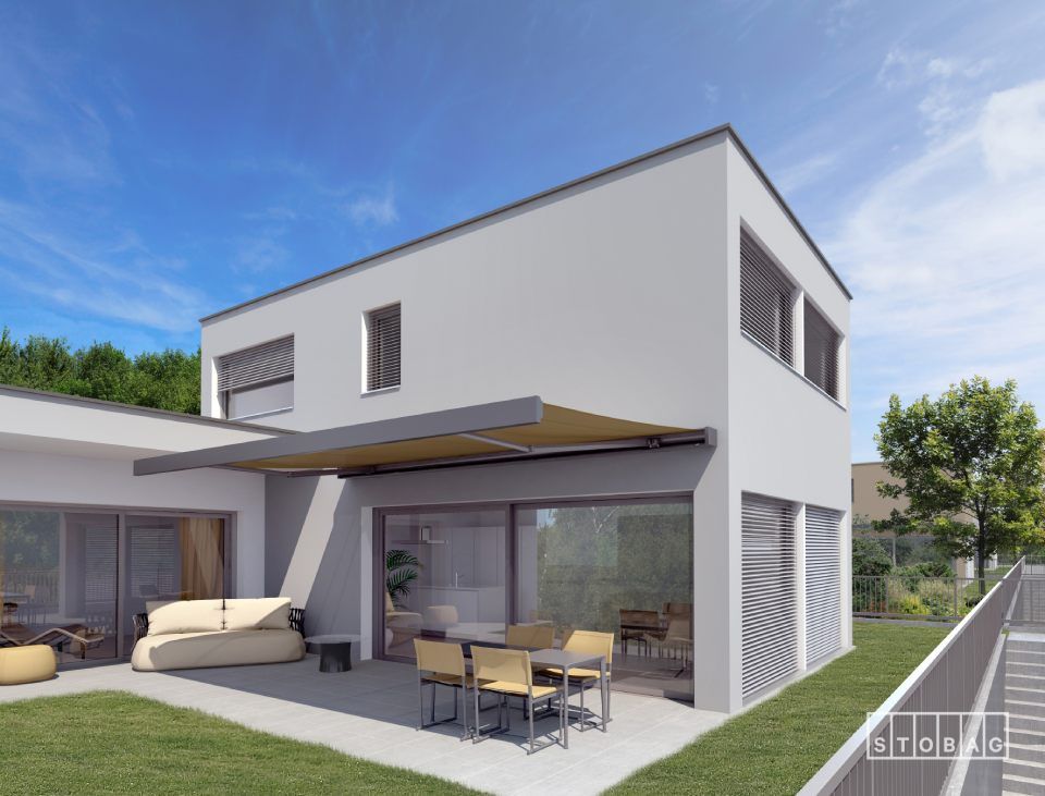 Eine künstlerische Darstellung eines Hauses mit einer Terrasse