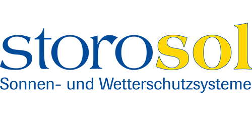 A blue and yellow logo for storosol sonnen-und wetterschutzsysteme