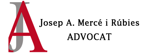 Logotipo con una J estilizada en rojo y texto en negro que dice “Josep A. Mercé i Rúbies ADVOCAT”