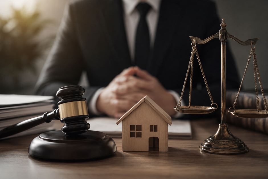 Escritorio legal con mazo, balanza de la justicia y una pequeña maqueta de una casa frente a un abogado borroso.