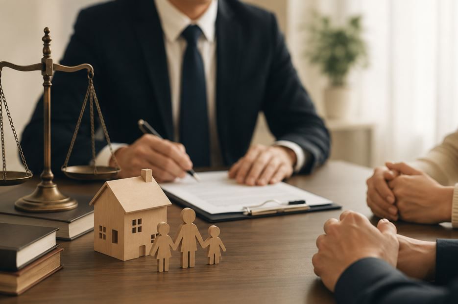 Abogado y clientes discutiendo un caso legal relacionado con una vivienda en un escritorio con balanzas y figuritas de casas.