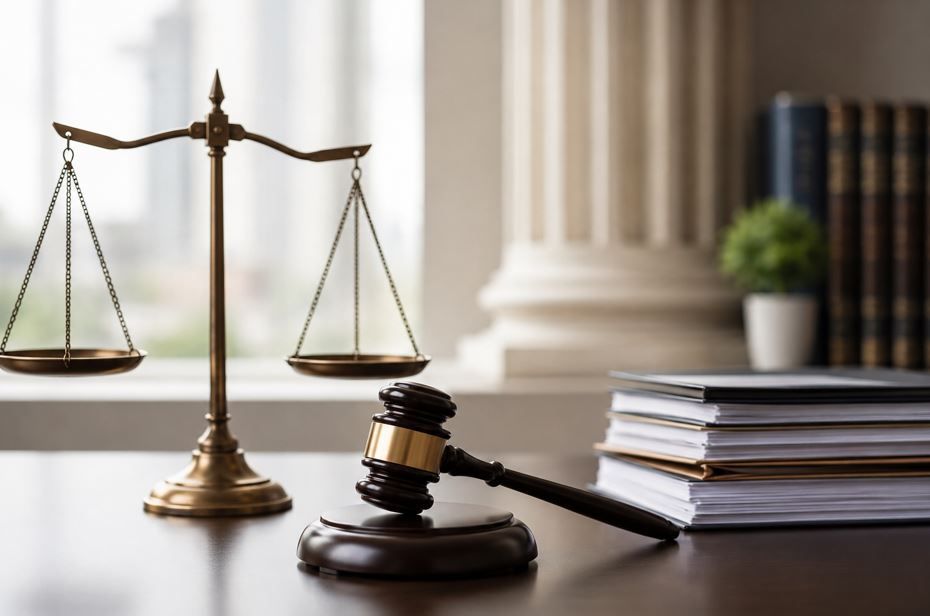 Balanza de la justicia, mazo de juez y pilas de libros jurídicos sobre el escritorio de la sala del tribunal.
