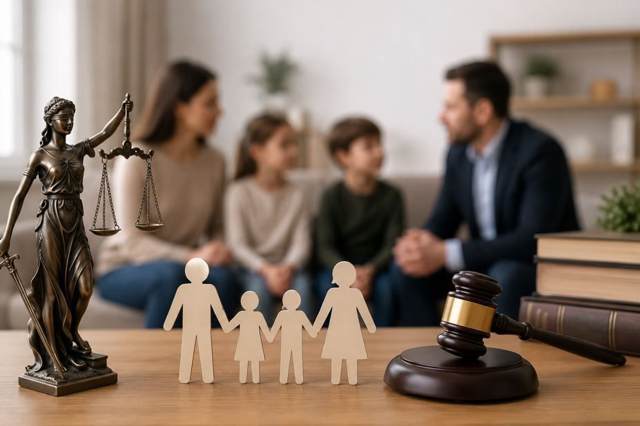 Escena de derecho familiar con balanza, símbolos familiares y el mazo de un juez sobre un escritorio.