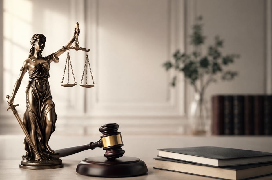 Estatua de la Dama de la Justicia con balanza y mazo junto a libros sobre un escritorio en un despacho de abogados.