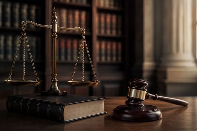 Libros de leyes, balanzas de la justicia y mazo sobre el escritorio de un juez en la biblioteca de un tribunal.
