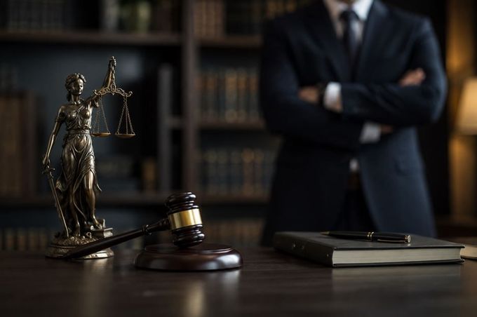 Estatua de la Dama de la Justicia con mazo y libros en un despacho de abogados, con una figura de traje borrosa al fondo.