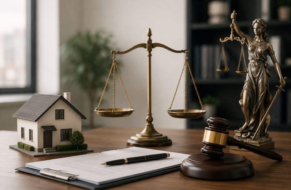 Escritorio de bufete de abogados con maqueta de casa, balanza de la justicia, mazo y papeles.
