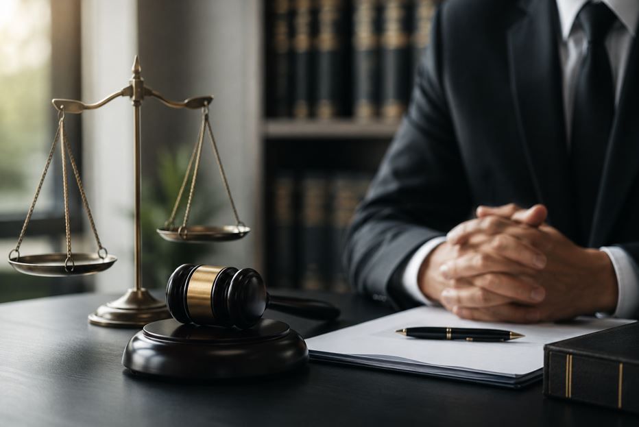 Escritorio de abogado con mazo, balanza de la justicia y una persona trajeada en un despacho de abogados.