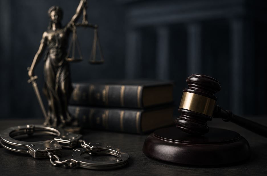 Esposas, libros de leyes, una estatua de la Dama de la Justicia y un mazo sobre un escritorio oscuro.