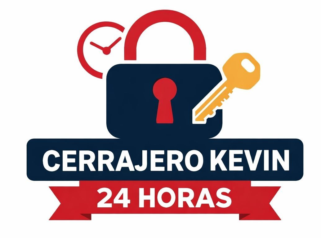 Logotipo: Candado azul, llave dorada, reloj rojo, con texto "CERRAJERO KEVIN 24 HORAS" sobre pancarta azul y roja.