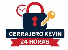 Logotipo: Candado azul, llave dorada, reloj rojo, con texto "CERRAJERO KEVIN 24 HORAS" sobre pancarta azul y roja.