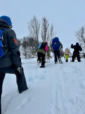 Des randonneurs en raquettes grimpent une montagne enneigée.