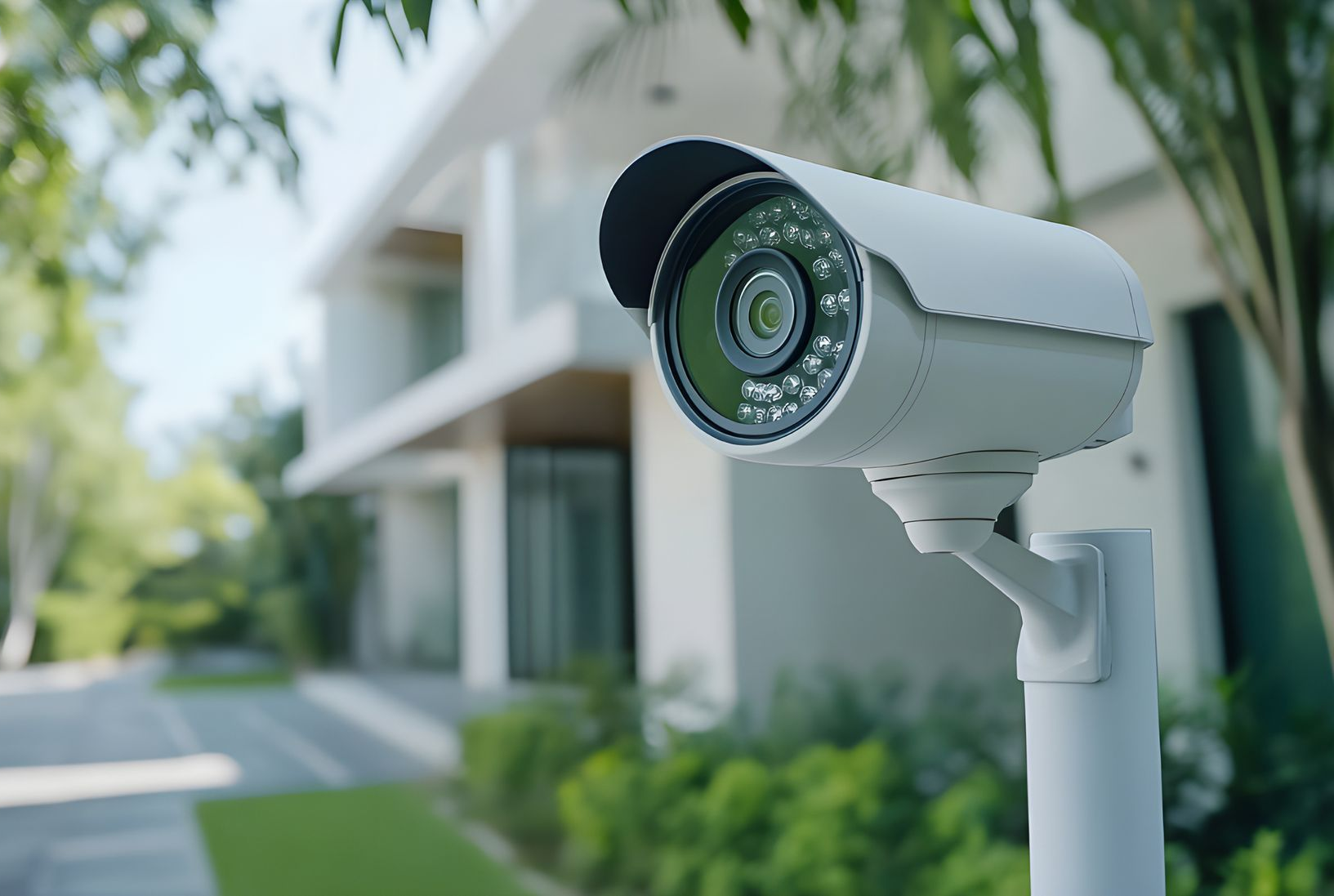 Caméra de sécurité blanche fixée sur un poteau à l'extérieur d'une maison moderne, donnant sur une allée et un jardin.