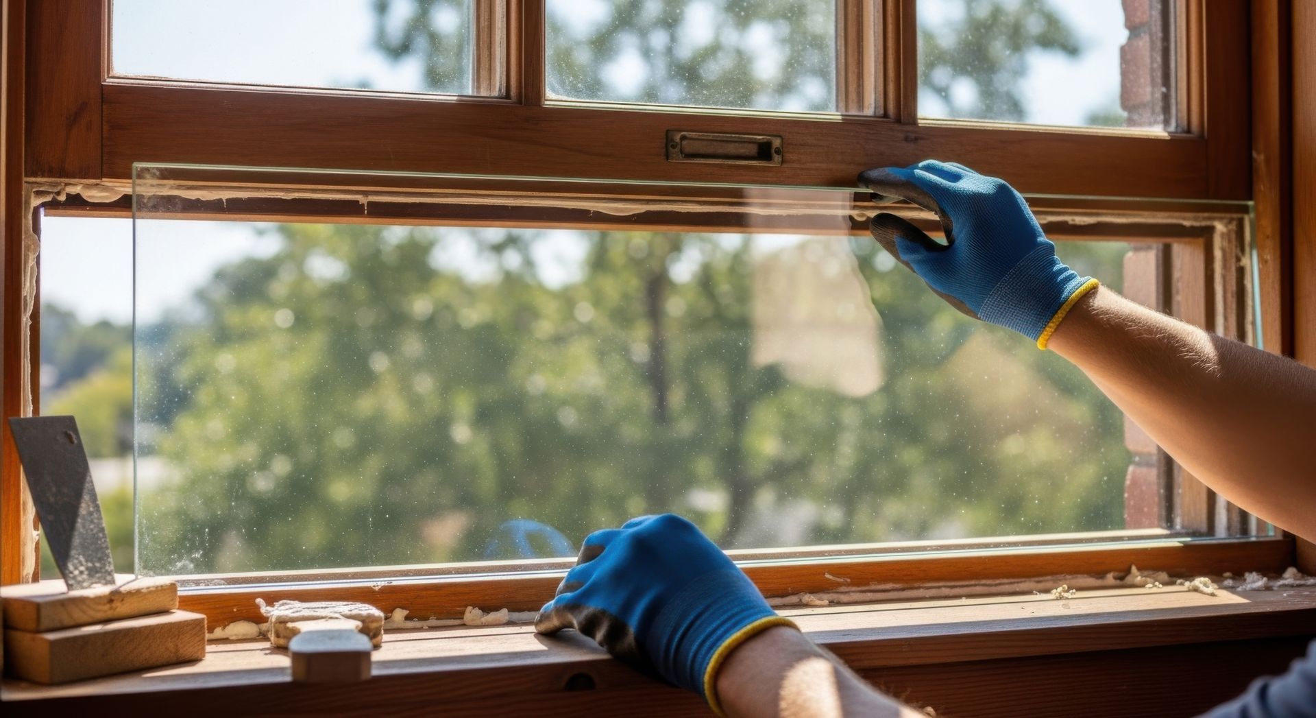 Des mains gantées de bleu nettoient un cadre de fenêtre en bois près d'une vue ensoleillée à l'extérieur