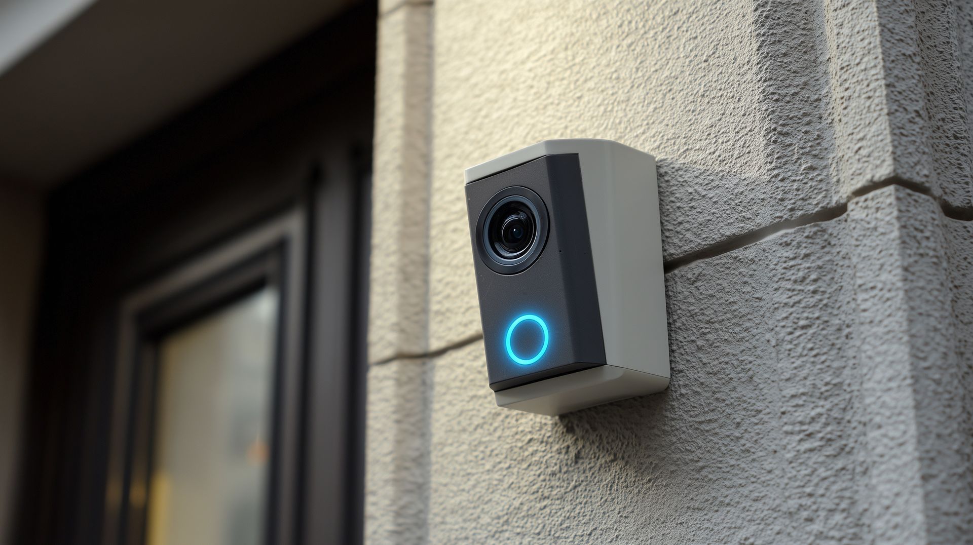 Sonnette vidéo intelligente fixée au mur d'une maison, avec un anneau bleu lumineux