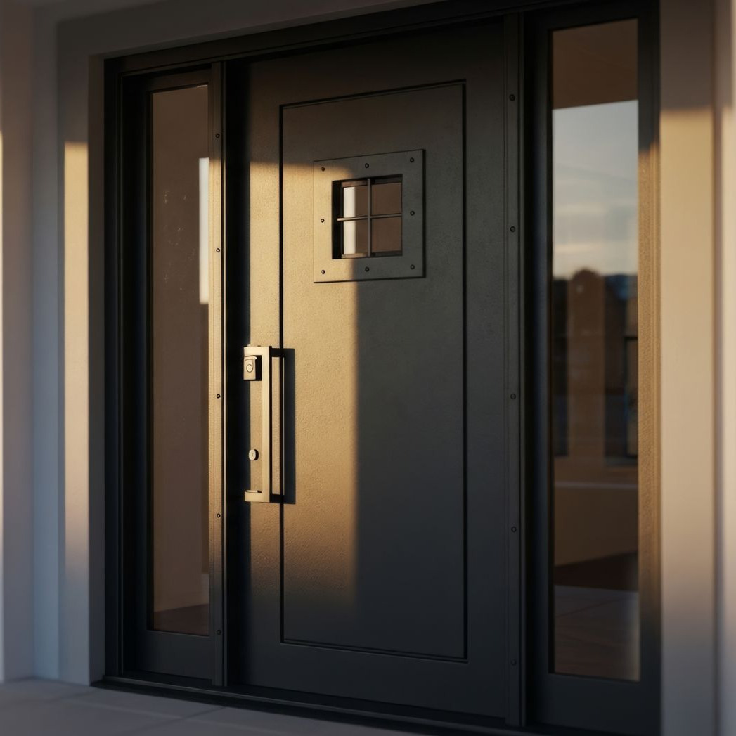 Porte d'entrée noire moderne avec fenêtres latérales étroites et un petit panneau vitré carré