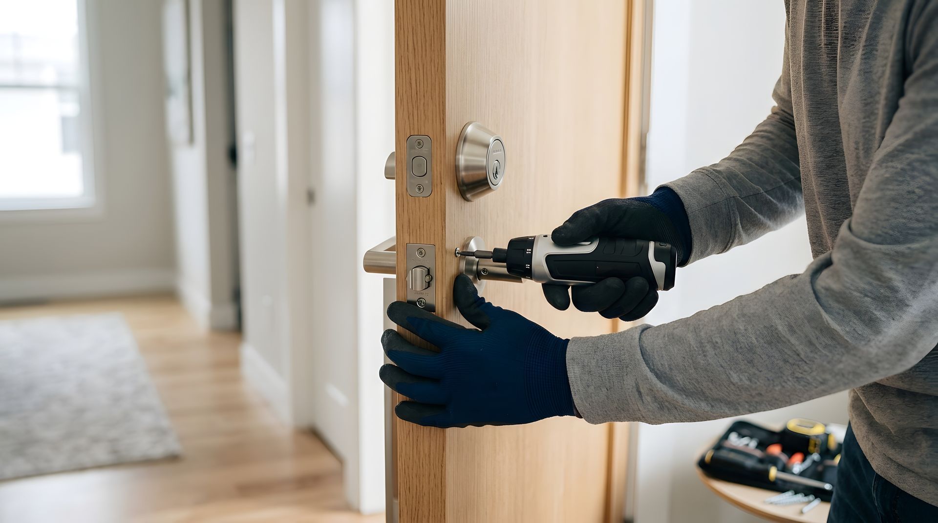 Une personne portant des gants utilise une perceuse pour installer une serrure sur une porte en bois.