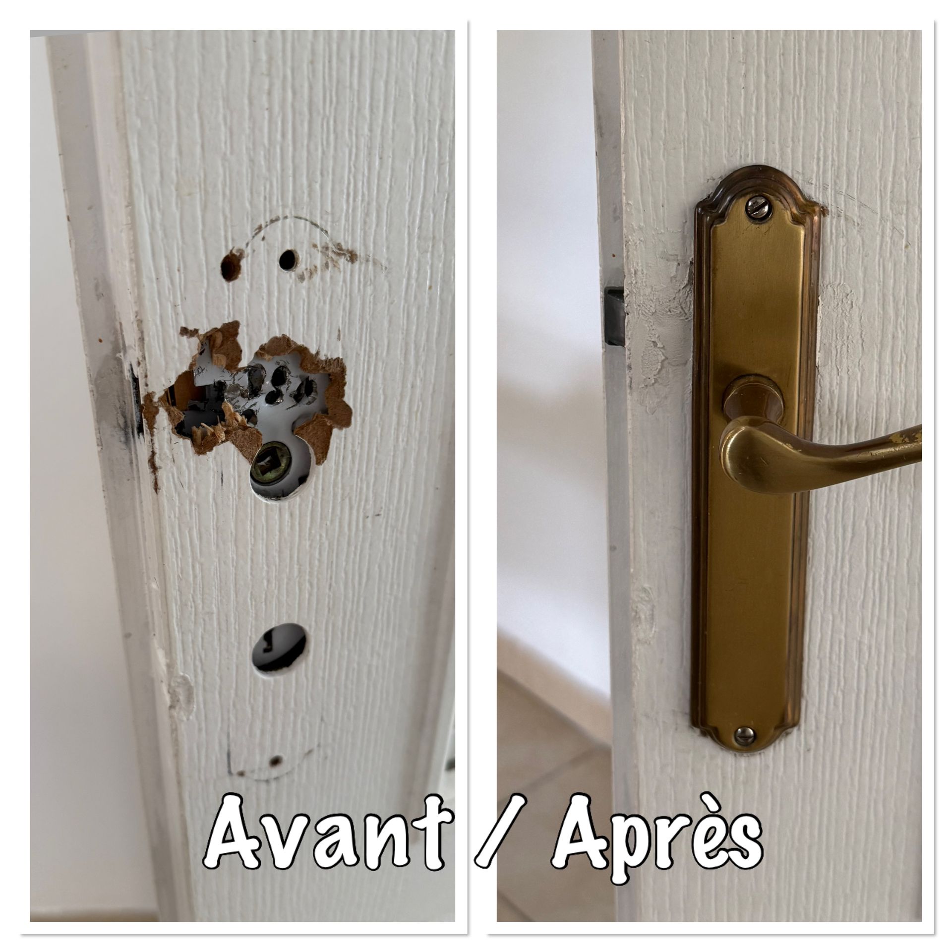 Avant et après la réparation d'un trou de serrure de porte endommagé à l'aide d'une plaque de poignée en laiton.