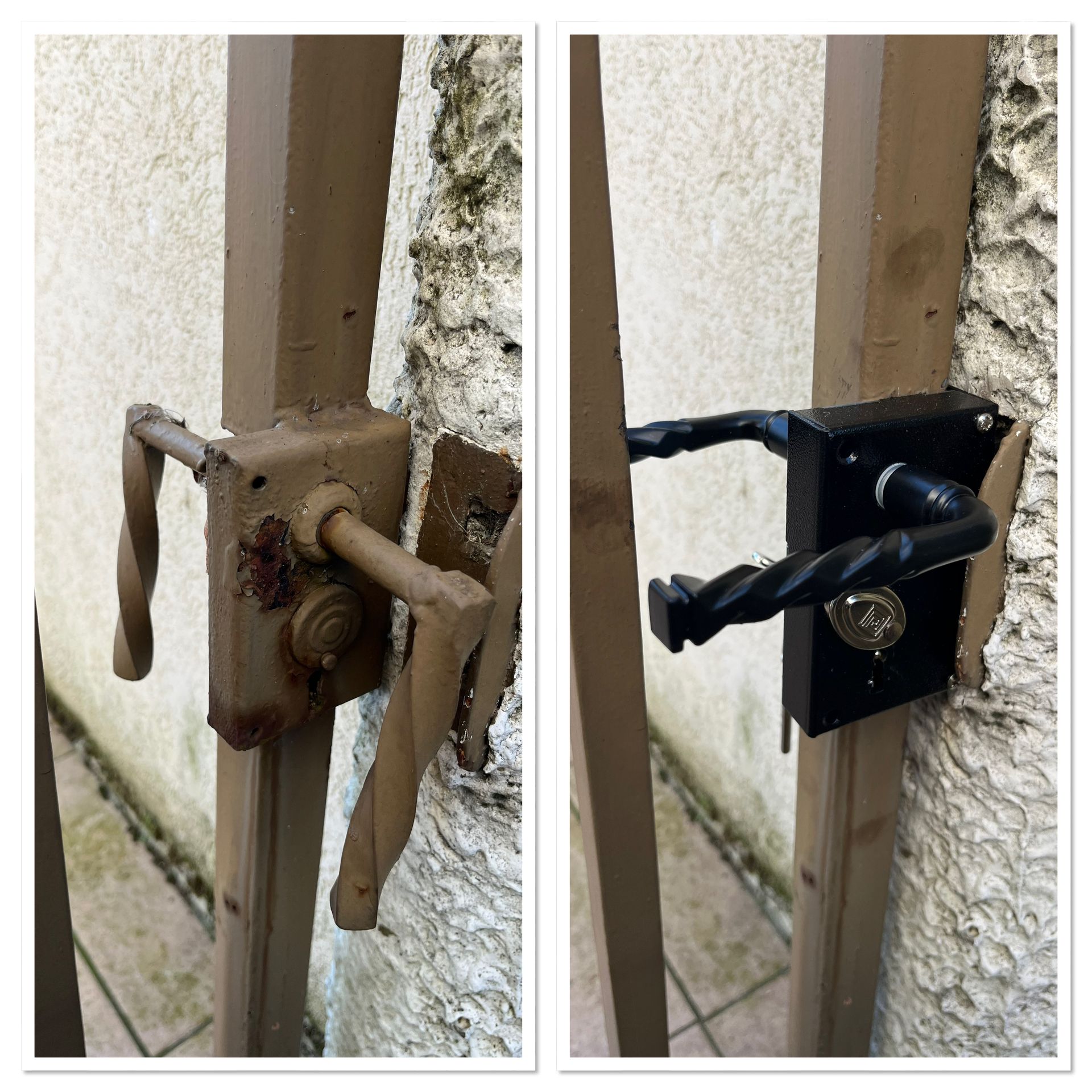 Gros plan avant/après d'un loquet de portail rouillé repeint en noir sur un mur en stuc.