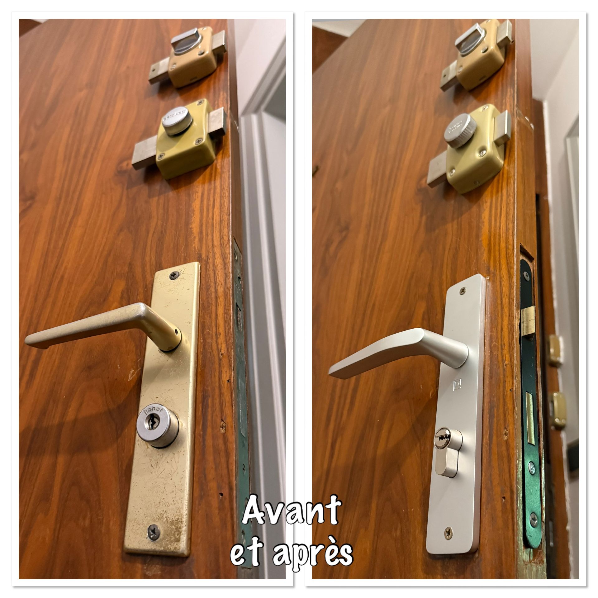 Comparaison avant/après du remplacement d'une poignée de porte en bois par une serrure à levier argentée.