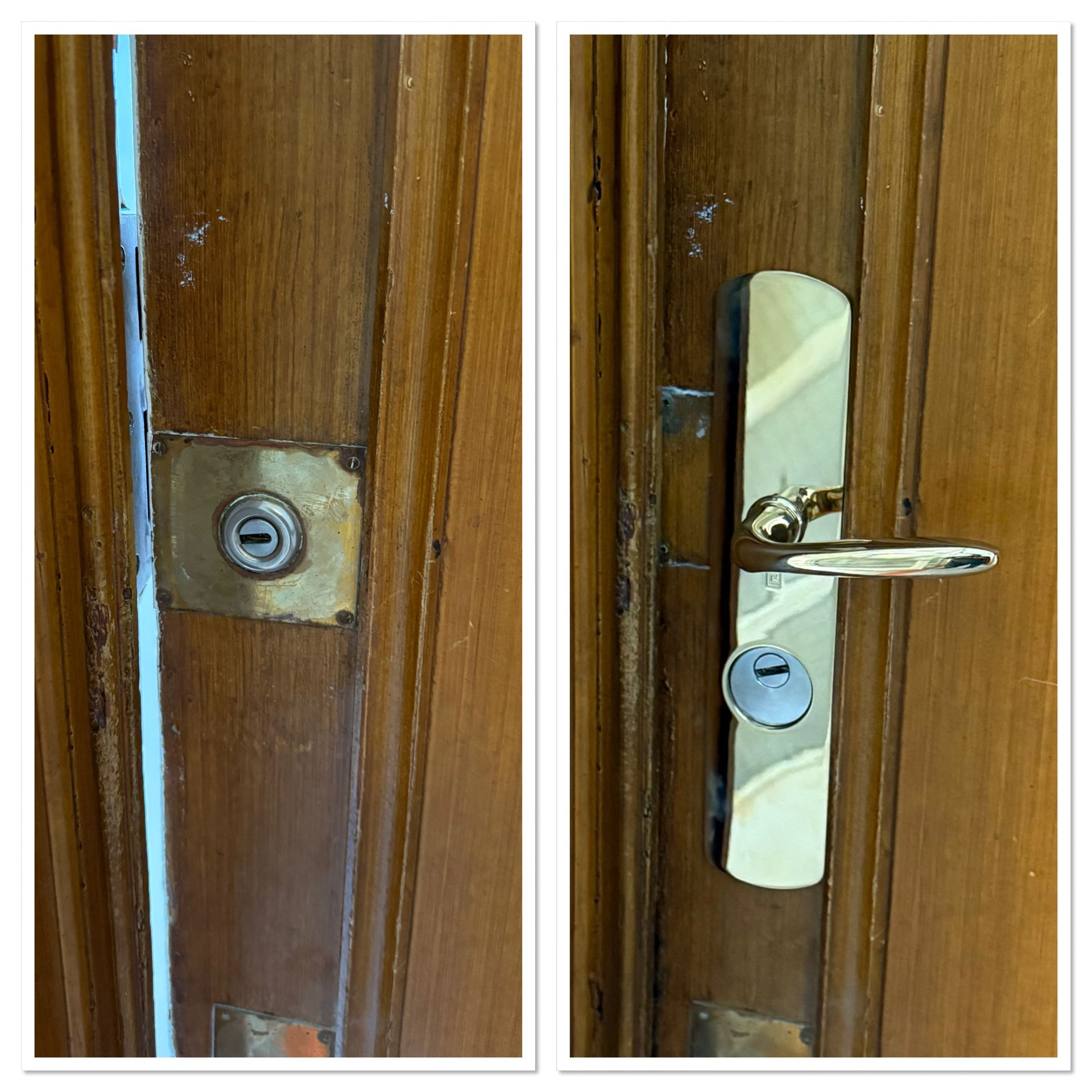 Serrure de porte en bois présentée avant et après l'installation d'une poignée à levier en laiton.