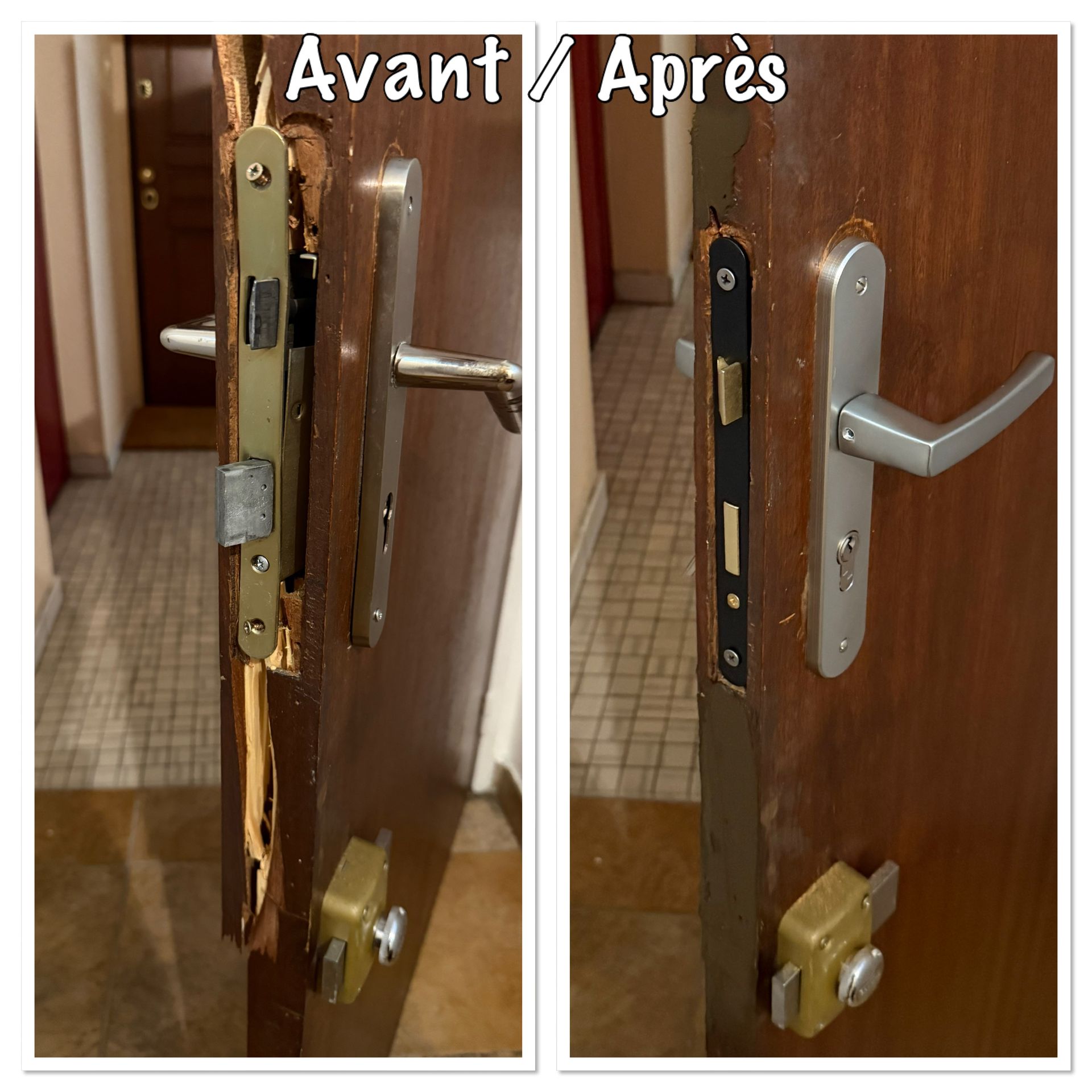 Avant et après la réparation d'une serrure et d'une poignée de porte, montrant le remplacement du loquet et de la poignée.