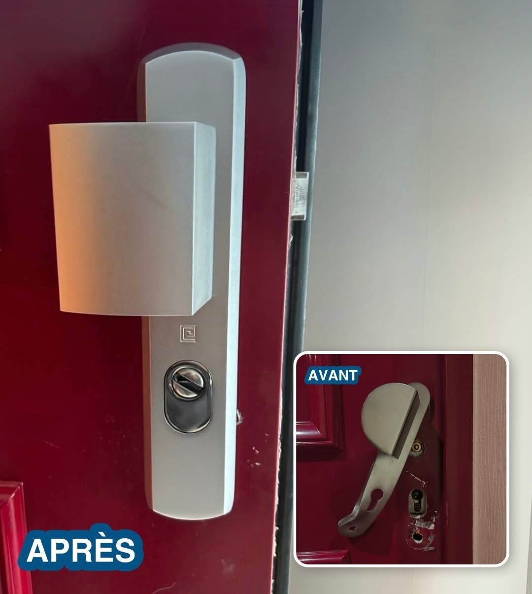 Avant et après la modification d'une poignée de porte avec un revêtement blanc incurvé et un panneau de porte rouge.